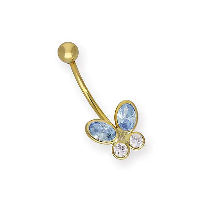 9ct Gold & Blue CZ Crystal Butterfly Belly Bar Piercing Body Jewellery • £69