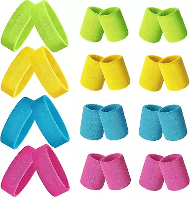 24 Pieces 80s Neon Sweatbands Set Include 8 Sports Headbands And 16 Sweat Sweat • £22.98