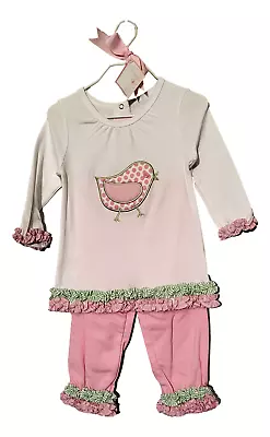 Mud Pie Baby Lil' Chick Cotton Long Sleeve Tunic & Flare Pants Set Pink 12 18 Mo • $24.98