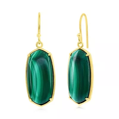 Sterling Silver Long Hexagon Malachite Dangle Earrings - Gold Plated • $129