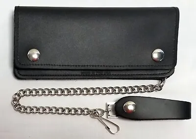 Large Black Leather Trucker Wallet 7.5  X 3.5  With 12  Chain MADE IN USA • $29.99