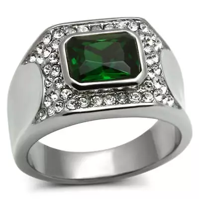 Mens Emerald Green Ring Silver Signet Pinky Cubic Zirconia Steel • £18.55