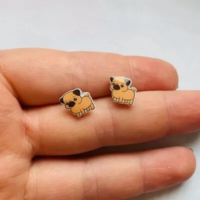 £3.99 • Buy Pug Dog Puppy Animal Pet Pair Studs Cabochon Earrings Stud Silver Look Tiny NEW