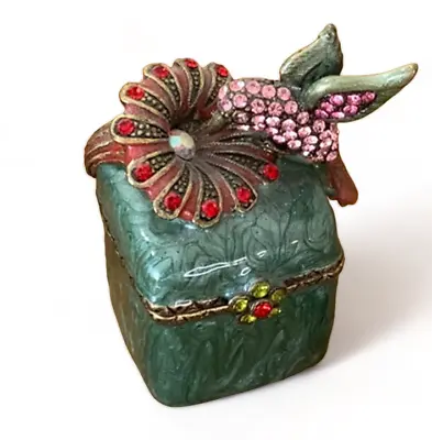 Bejeweled Hummingbird Enamel Hinged Trinket Box W/ Rhinestones (Figural Floral) • $28