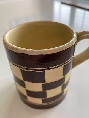 Small Antique MOCHA WARE MUG Checkered-Board Ivory & Brown Circa 1800's • $45