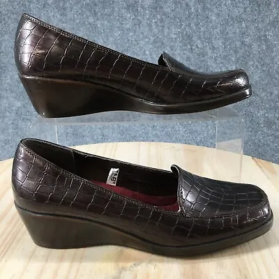 Merona Shoes Womens 7 Loafers Slip On Faux Croc Wedge Comfort Brown Leather • $15.99