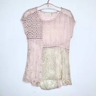 Johnny Was 4 Love And Liberty Blush Silk Lace Crochet Eyelet Patchwork Top Small • $48