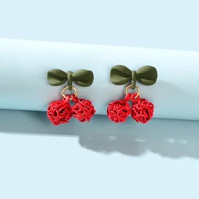 Sweet Green Leaf Red Lovely Cherry Stud Gift Earrings Personalized Fruit Jewelry • $1.99