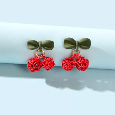 Sweet Green Leaf Red Lovely Cherry Stud Gift Earrings Personalized Fruit Jewelry • $1.99