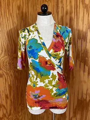 Cabi Crossover Wrap Top Pullover Stretch 3/4 Sleeve V-Neck Surplice Floral Sz S • $25.50