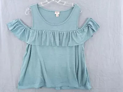 Mossimo Shirt Womens XXL Green Cold Shoulder Baby Doll Tee Ruffle Flowing Ladies • $13.97