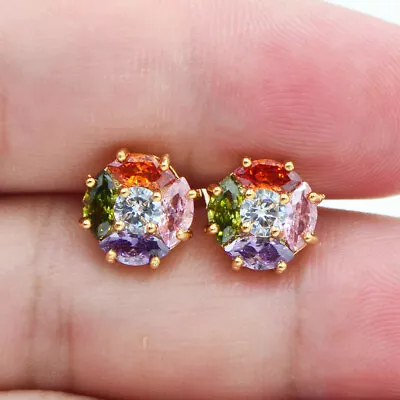 18K Yellow Gold Filled Women Round Multicolour Mystic Topaz Stud Earrings • £4.99