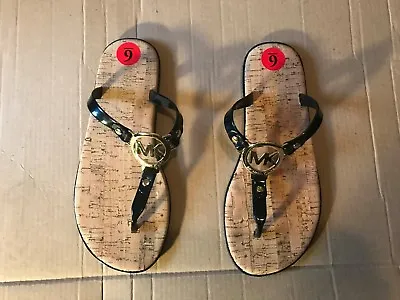 Michael Kors Women's Charm Jelly Black Gold T Strap Flat Sandals Slides 8 10 11 • $42