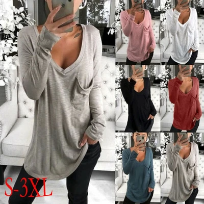 £3.09 • Buy Womens V Neck Blouse Loose T Shirt Casual Long Sleeve Tunic Baggy Tops Plus Size