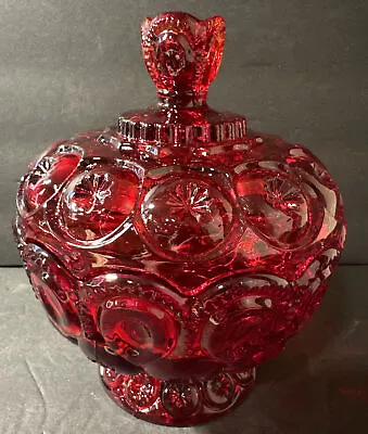 Vintage LE Smith Moon And Stars Ruby Red Lidded Compote Candy Dish 7” High • $69.99