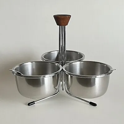 Vtg Mid Century Modern Stainless Steel Teak 3 Bowl Condiment Server Caddy Spoons • $9.99