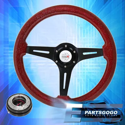 Metallic Red Black Center Deep Dish Steering Wheel + Black Slim Quick Release • $68.99