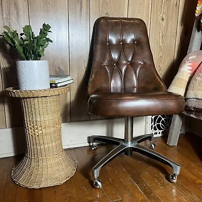 Original Chromcraft Modernist Era Chair Brown Vinyl Metal Swivel Rolling • $287.99