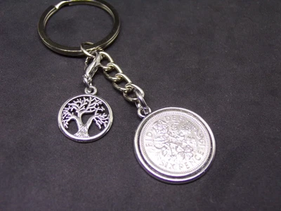 £6.95 • Buy 1963 60th Birthday Gift Lucky Sixpence Coin Keyring & Tree Of Life Charm S1