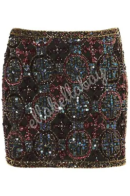 £39.99 • Buy TOPSHOP Premium Black Embellished Sequin Bead Cross Circle Art Deco Skirt UK10