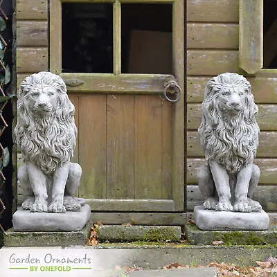 Large Lion Pair Detailed Hand Cast Stone Outdoor Garden Ornament Statue Stunning • £189.90