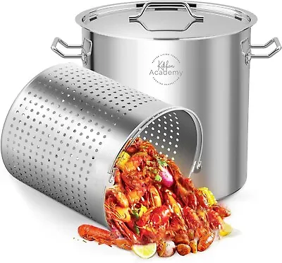 52 QT Stainless Steel Seafood Boil Pot With Basket Heavy Duty Cooking Pot W/ Lid • $89.99