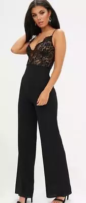 Prettylittlething🌺black  Lace Wide Leg Stretch Jumpsuit Playsuit🌺18 24 26 30* • £16.99