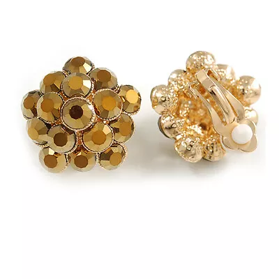 Bronze Crystal Floral Clip On Earrings In Gold Tone - 20mm D • £9.99