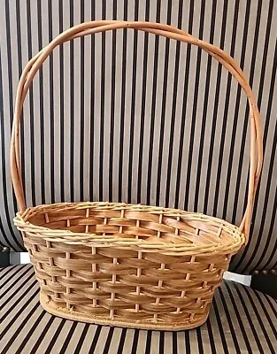Vintage Tan Wicker Basket ~ Twist Handle ~ Wood Bottom ~ Easter • $34.99