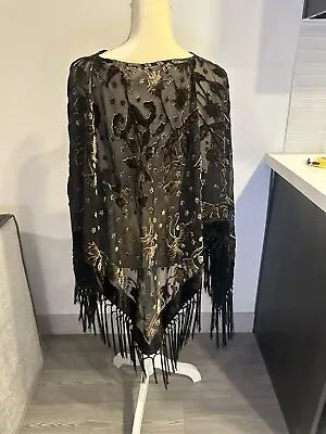 Piano Shawl With Long Fringe Velvet Black One Size • $64.99