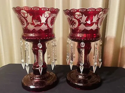 2 Pc Egermann Ruby Red Bohemian Glass Mantle Lusters Cut To Clear • $249.99