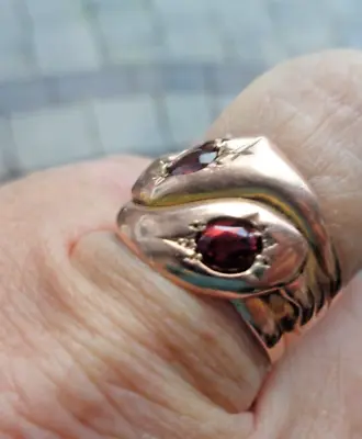 Rare Antique Large 9ct ROSE Gold & Garnet SNAKE Ring H/m 1915 London Size R / S • £498