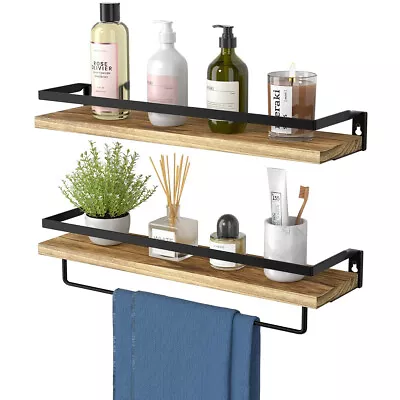 2x Wooden Floating Shelves Wall Mounted Display Storage Decor Rustic Home Office • £14.99