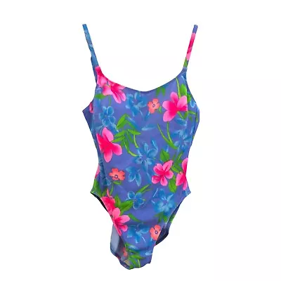 Vintage 90s Vibrant Sessa Blue & Pink Tropical Floral One Piece Bathing Suit • $17