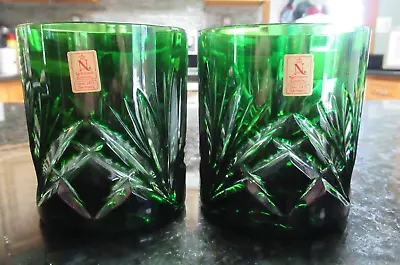 VTG 4 Nachtmann Crystal Emerald Green Old Fashioned Glasses Cut To Clear Germany • $175