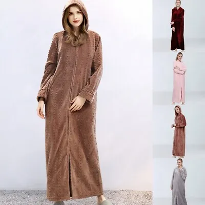 Ladies Hooded Dressing Gown Bath Robe Warm Soft Womens Fleece Zip Up Long Robes • £26.87