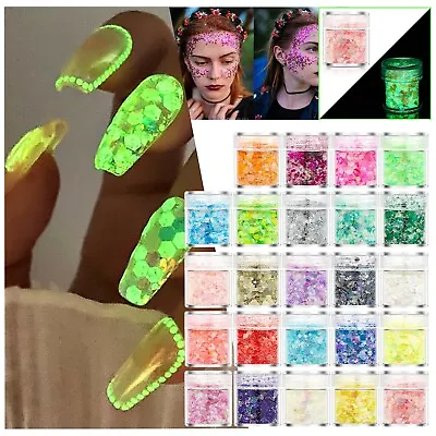 24 Colors Shiny Glow In The Dark Nail Art Glitter Chunky Nail Sequins Luminous • $1.39