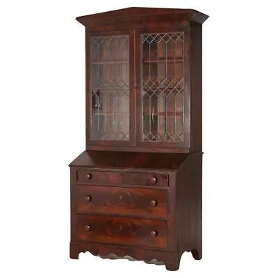 Antique American Empire Flame Mahogany Secretary Desk With Leaded Glass C1840 • $1960