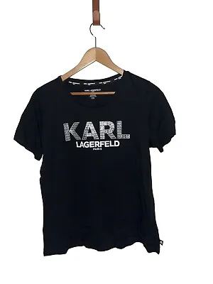 Karl Lagerfeld Shirt Womens M Black Silver Rhinestones Logo Short Sleeve • $29.50