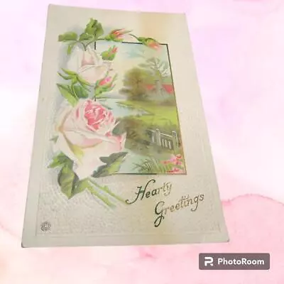 1900s Stecher Hearty Greetings Postcard Pink Roses • $4