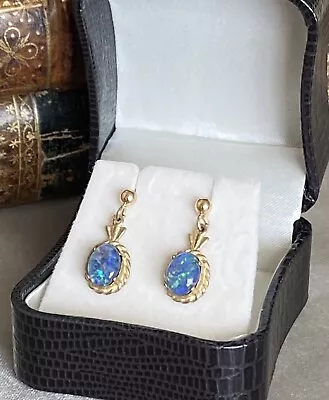 Ladies 9ct Gold & Black Opal Cabochon Triplet Earrings With Box 2.2g • £99