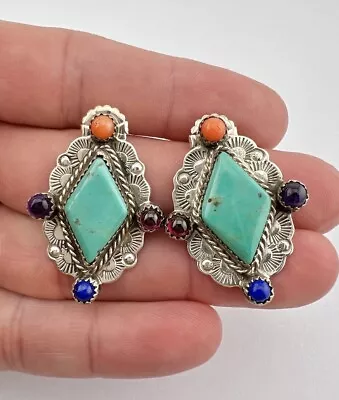 Vtg Navajo Sterling Silver Turquoise Coral Amethyst Coral Garnet Lapis Earrings • $137.08