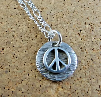 Vintage Peace Symbol Sterling Silver Hippie Pendant Figaro Chain Necklace #557 • $53.95