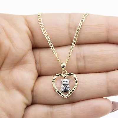 3/4  Teddy Bear In Heart Pendant Necklace Real 10K Yellow White Gold • $49.49