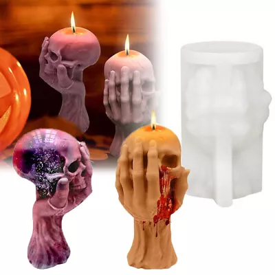 Halloween Silicone 3D Hand Hold Skull Candle Mold DIY Soap Wax Resin Mould Craft • £7.94