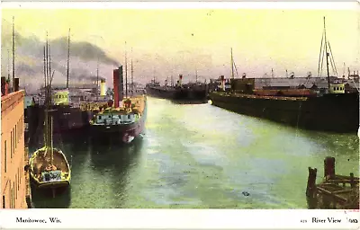 View Of Manitowoc River And Boats Manitowoc WI 1907 Divided Postcard • $6.16