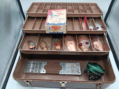 Vintage Brown Metal Tackle Box My Buddy 352 & Red Eye Wiggler Muskie Spoon Lot • $74.76