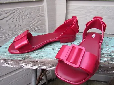 Melissa AURORA Red Rubber Bow Flat Sandal US 7 EU 38 Jelly Backstrap Faux-Buckle • $19.99