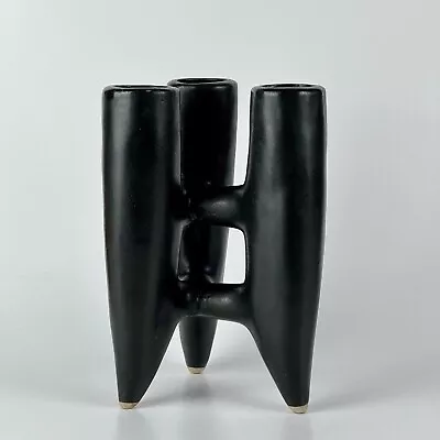 Triple Chamber Vintage Ceramic Japanese Ikebana Vase In Matte Black • $349