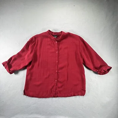Eileen Fisher Shirt Women Medium Red Button Up Lagenlook Mandarin Collar Blouse • $39.88
